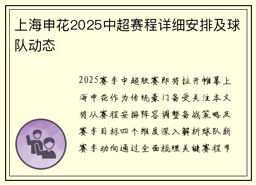 上海申花2025中超赛程详细安排及球队动态