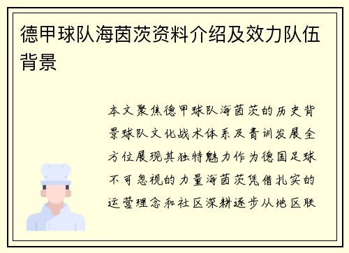 德甲球队海茵茨资料介绍及效力队伍背景